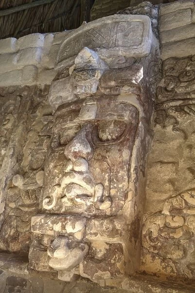 Temple of the Masks, with 8 foot tall mask, Kohunlich, Mayan archaeological site