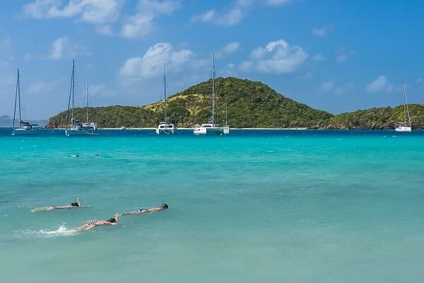Tourists snorkeling in the turquoise waters of the Tobago Cays, The Grenadines, St. Vincent and the Grenadines, Windward Islands, West Indies, Caribbean, Central America