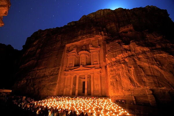 Treasury lit by candles at night, Petra, UNESCO World Heritage Site, Jordan, Middle East