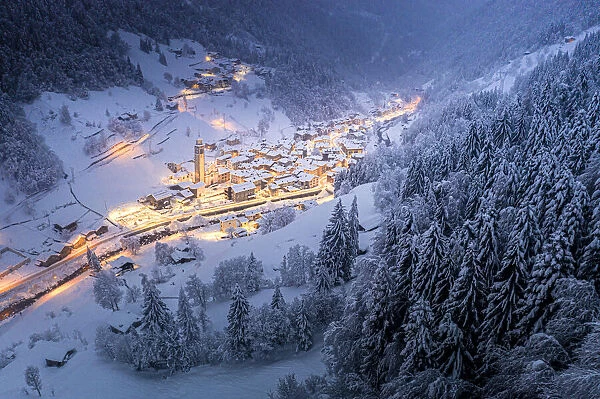 Trees covered with snow in the winter forest surrounding the alpine village at Christmas