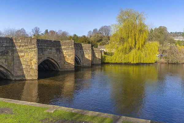 View of bridge over River Wye, Bakewell, Peak District National Park, Derbyshire, England