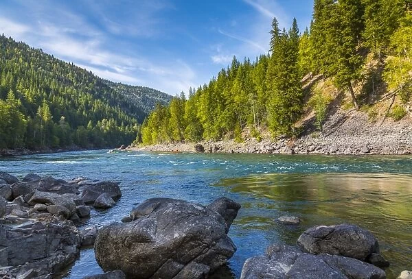 View of Clearwater River and meadows near Clearwater, British Columbia, Canada, North