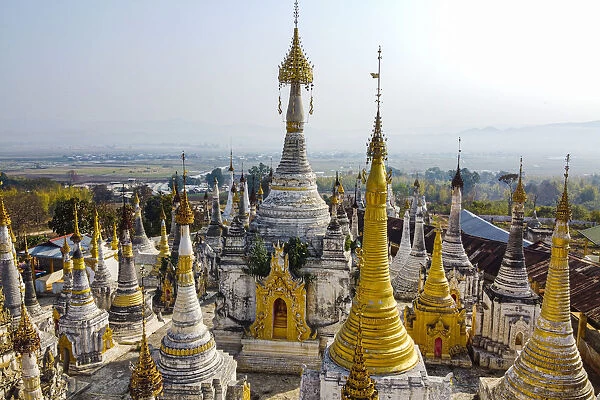 View by drone of pagodas, Inle Lake, Shan state, Myanmar (Burma), Asia