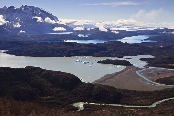 View of lakes Grey, Pehoe, Nordenskjold and Sarmiento, from Ferrier Vista Point, Torres del Paine, Patagonia, Chile, South America