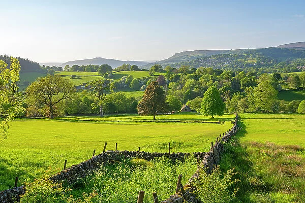 View of landscape toward Hathersage village during spring, Peak District National Park, Derbyshire, England, United Kingdom, Europe