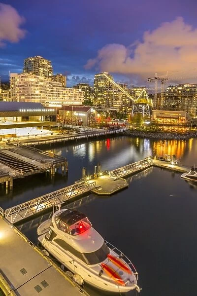 View of Lonsdale Quay in North Vancouver at dusk, Vancouver, British Columbia, Canada