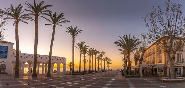 View of Plaza Balcon De Europa at sunrise in Nerja, Costa del Sol, Malaga Province, Andalusia, Spain, Mediterranean, Europe