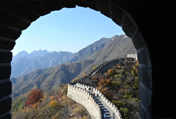 View through sentry post window, Great Wall of China, built 1368, Mutianyu section