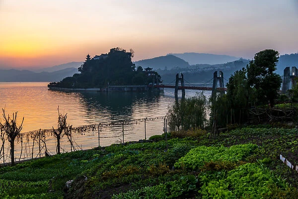 View of Shi Baozhai Pagoda at sunset on Yangtze River near Wanzhou, Chongqing
