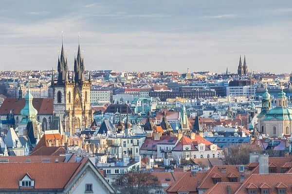 View of typical architecture and ancient churches, Prague, Czech Republic, Europe