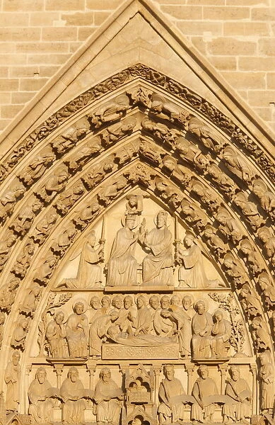 Virgins Gate tympanum, Notre Dame cathedral west wing, Paris, France, Europe