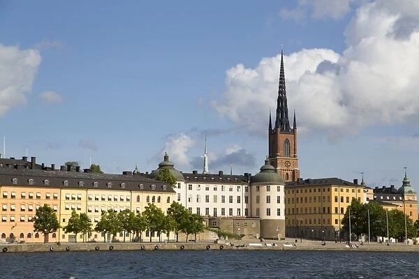 Waterfront with Riddarholmen Church in background, Gamla Stan, Stockholm, Sweden