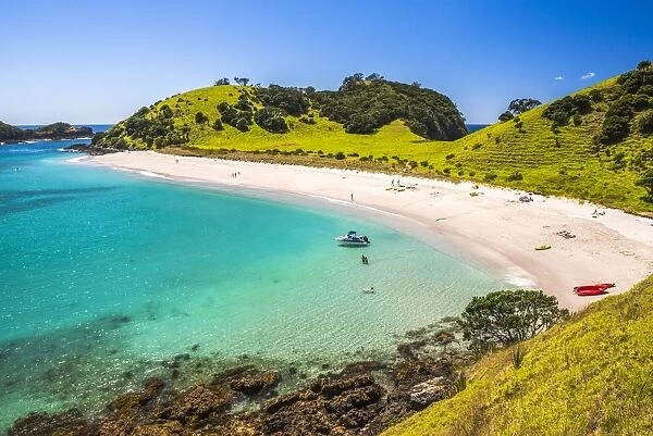 White sandy beach in the Waikare Inlet visited from Russell by sailing boat, Bay of Islands