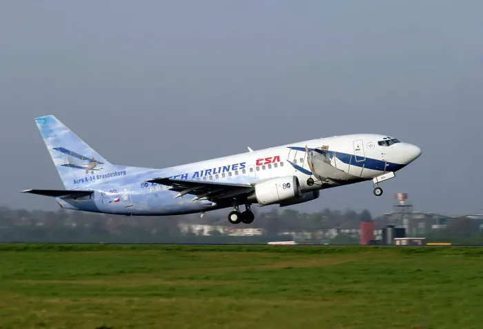 Framed Print : OK-DGL CSA 737-500 in 80th Anniversary scheme taking off from BHX runway 33