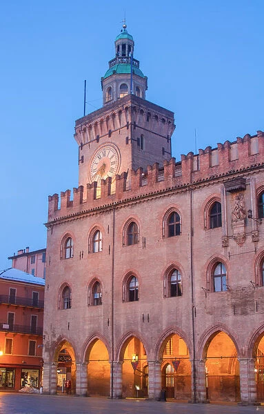 Accursio palace in Maggiore square at twilight. Bologna, Emilia Romagna, Italy, Europe
