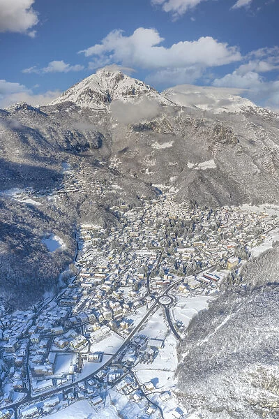 Aerial view of Ballabio after a snowfall, Ballabio, Valsassina, Lecco Province, Lombardy