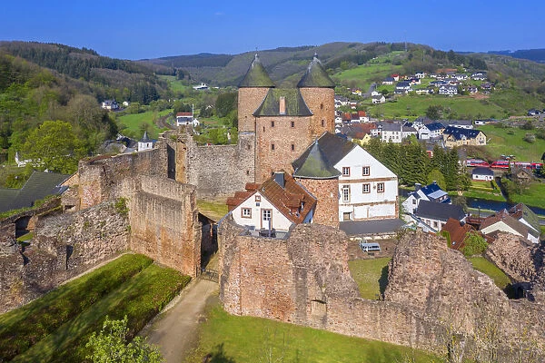 Aerial view on Bertradaburg castle, Murlenbach, Eifel, Rhineland-Palatinate, Germany