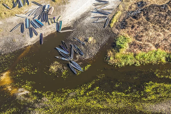 Aerial view of dugout canoes by river bank, Okavango Delta, Botswana, Africa