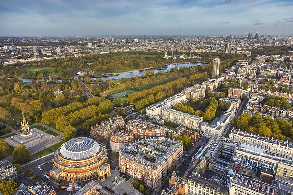 Aerial view from helicopter, Royal Albert Hall & Hyde Park, London, England