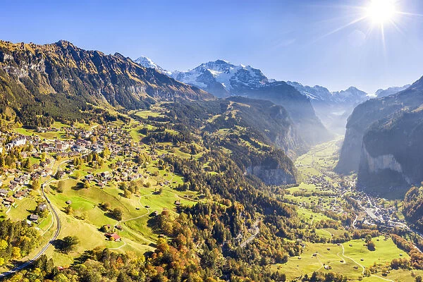 Aerial view of Lauterbrunnen valley. Wengen, Canton of Bern, Switzerland, Europe