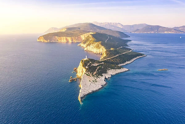 Aerial view of the lighthouse of Cape Lefkatas, Lefkada, Ionian Islands region, Greece