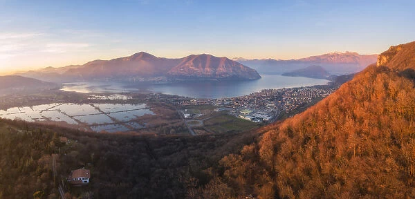Aerial view of Monte Isola at sunset in Iseo lake, Brescia province, Lombardy district
