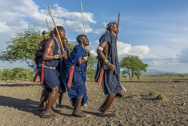 africa, Tanzania, Natron Lake area. A group of traditionally dressed msai men
