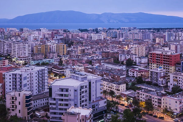 Albania, Vlora, elevated city view, dusk