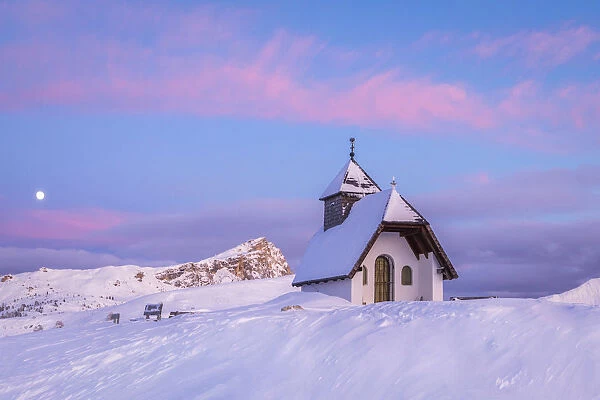 Alpine chapel close to Pralongia hut in wintertime, Corvara in Badia, Badia valley