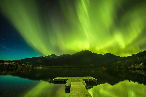 Aurora Reflecting in Pyramid Lake, Jasper National Park, Alberta, Canada