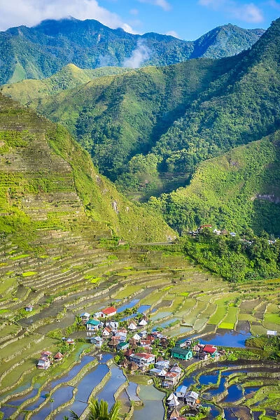 Batad village and UNESCO World Heritage rice terraces in early spring planting season
