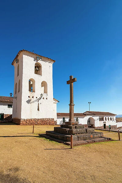 Bell tower and cross at Iglesia de Nuestra Senora de la Natividad Church, Chinchero, Sacred Valley, Urubamba Province, Cusco Region, Peru