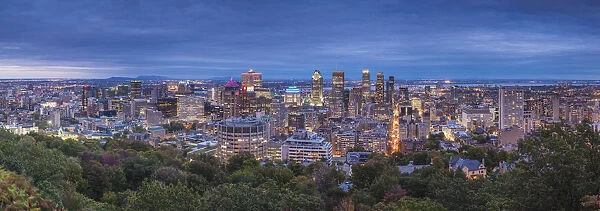 Canada, Quebec, Montreal, elevated skyline from Mount Royal, dusk