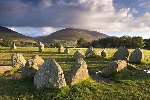 Castlerigg Stone Circle with Blencathra mountain behind, Lake District, Cumbria, England