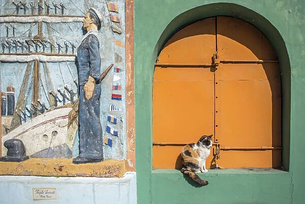 A cat in a niche in Caminito street of La Boca, Buenos Aires, Argentina, South America