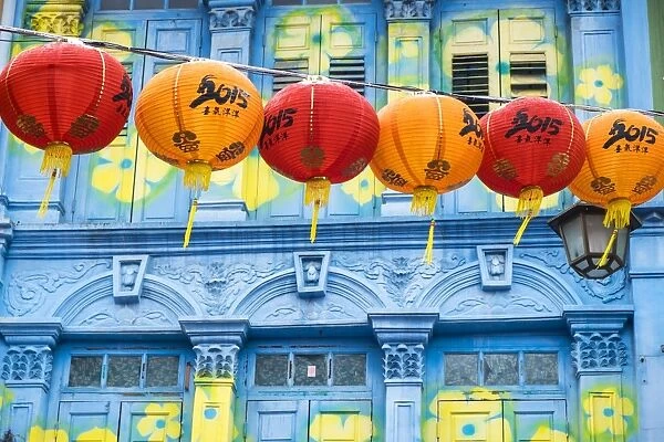 Chinese lanterns & colourful old building, Singapore