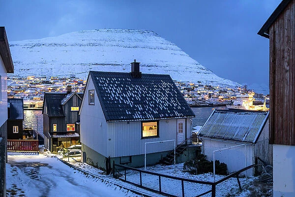 The city of Klaksvik covered by snow. Islands of Borðoy. Faroe Islands