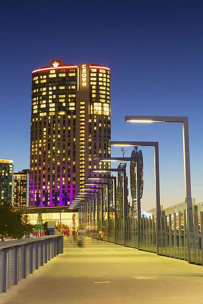 Crown Casino and Sandridge Bridge at dusk, Melbourne, Victoria, Australia