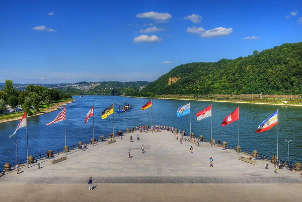 Deutsches Eck with river Mosel and river Rhine, Koblenz, Rhineland-Palatinate, Germany