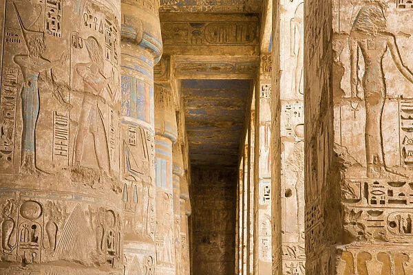 Egypt, Luxor, West Bank, The temple of Ramesses 111 at Medinet Habu, Columns in the