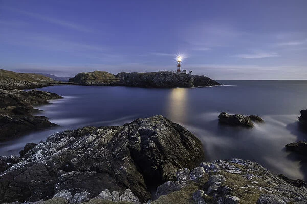 Eilean Glas Lighthouse at night during full moon, Isle of Scalpay, Outer Hebrides
