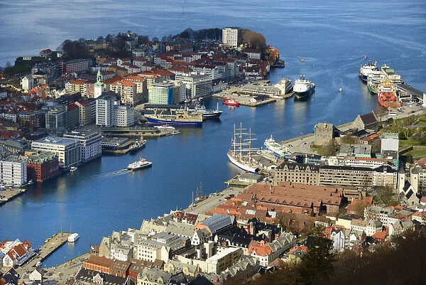 Elevated view over central Bergen. Hordaland, Norway