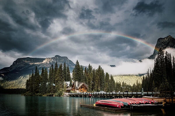 Emerald Lake in the Canadian Rockies, British Columbia, Canada. Canoa at sunset