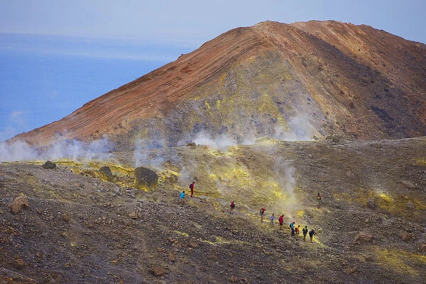 Europe, Italy, Sicily, Aeolian Islands, Vulcano Island, , People walking through fumaroles
