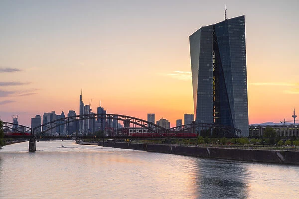 European Central Bank at sunset, Frankfurt, Hesse, Germany