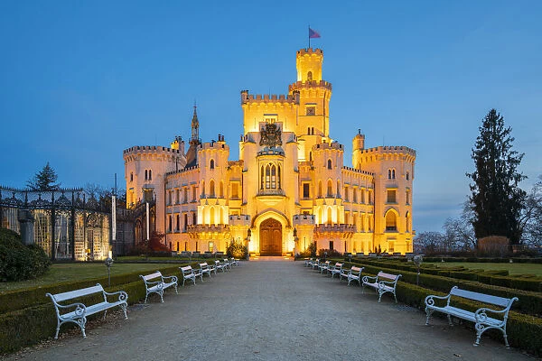 Facade of The State Chateau of Hluboka at twilight, Hluboka nad Vltavou, South Bohemian Region, Czech Republic