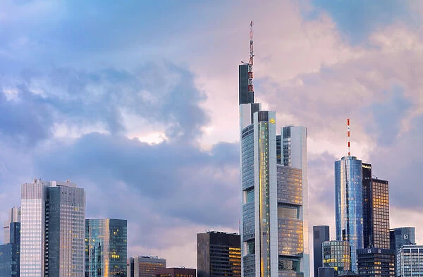 Germany, Hessen, Frankfurt Am Main, Financial skyline at dusk