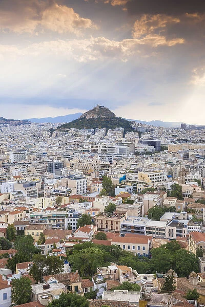 Greece, Attica, Athens, View of Central Athens - Plaka towards Lykavittos Hill