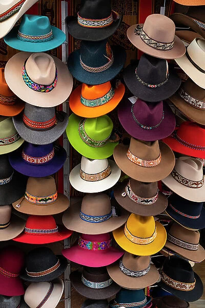Hats on display in shop, UNESCO, Pisac, Sacred Valley, Urubamba Province, Cusco Region, Peru