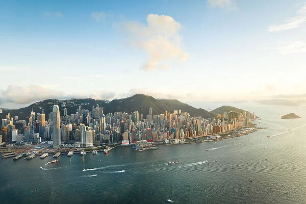 Hong Kong harbour, & Central skyline, Hong Kong Island, Hong Kong, China